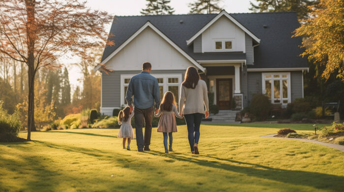 Rear view, of a young family walking towards their new home. Home has grey sideing with fall trees on both sides of it.